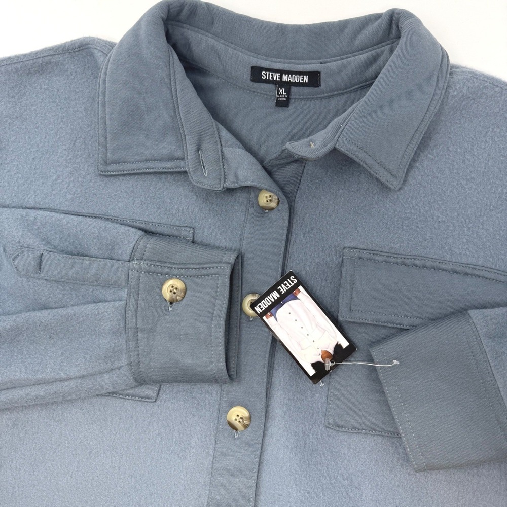 Steve Madden Womens XL Dusty Blue Fleece Button Down Shacket‎ Shirt Jacket NEW